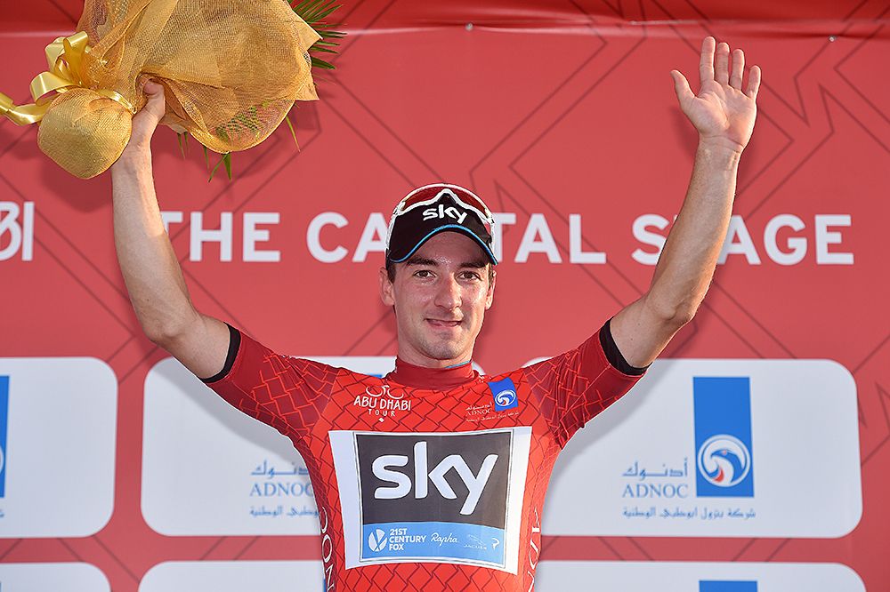 Elia Viviani (Team Sky) in the red leader's jersey