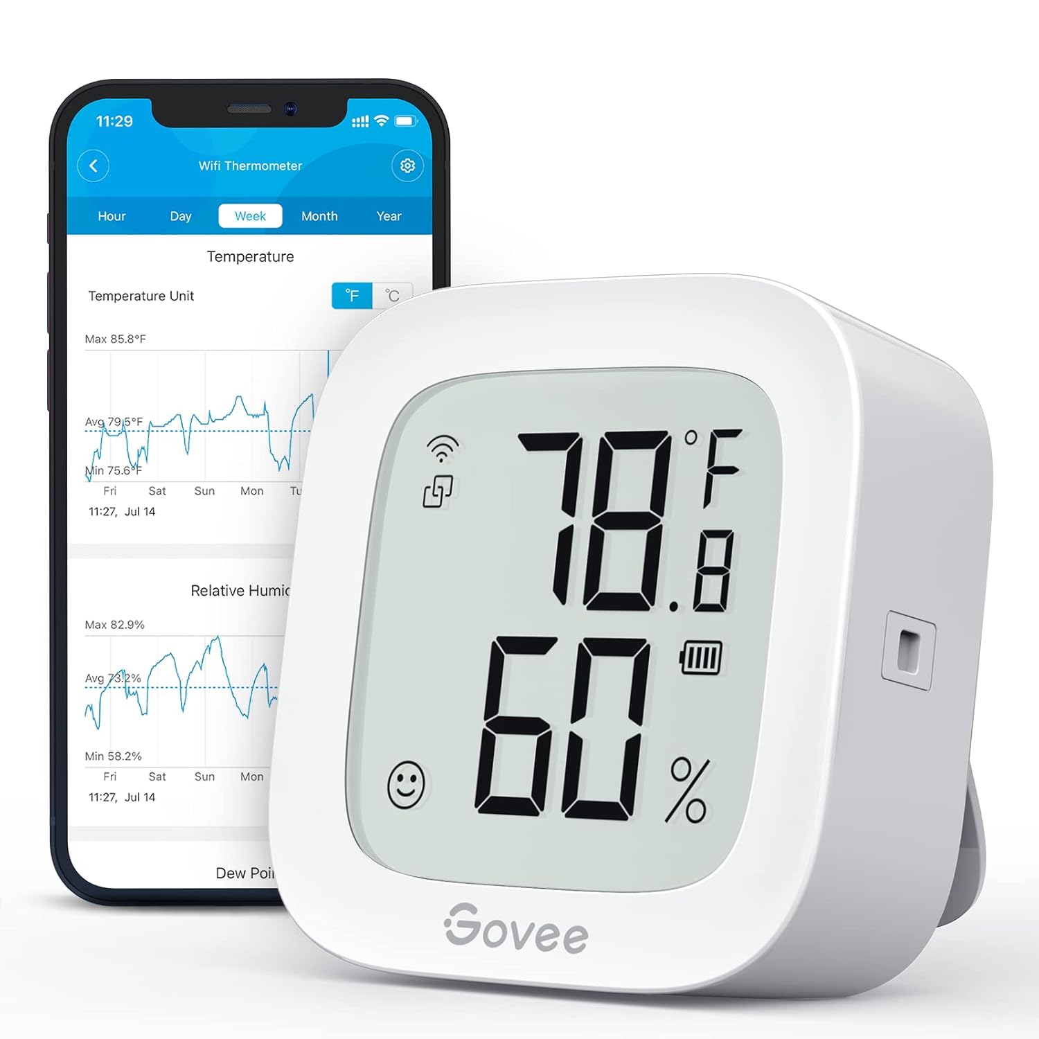 Govee Wifi Thermometer Hygrometer H5103, Indoor Bluetooth Temperature Humidity Sensor With Electronic Ink Display, App Notification Alert, Free Data Storage Export, Digital Remote Monitor for Bedroom