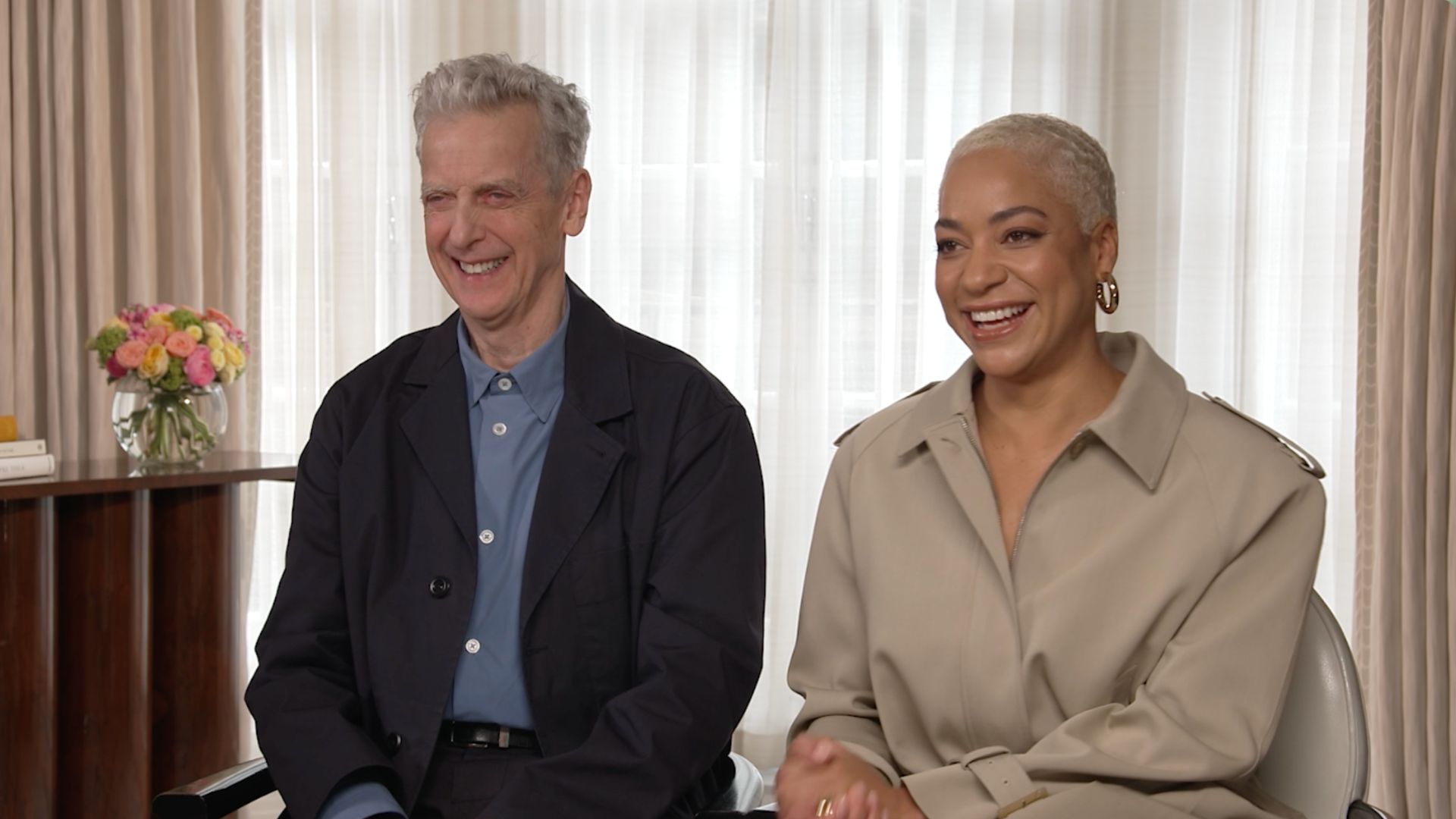 an image from the junket interview showing Peter Capaldi (Left) and Cush Jumbo (right)