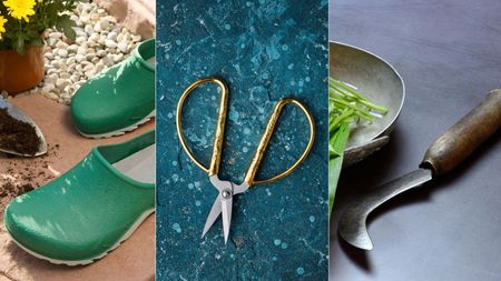 Green clogs, gold bonsai scissors and wooden pruning sickle