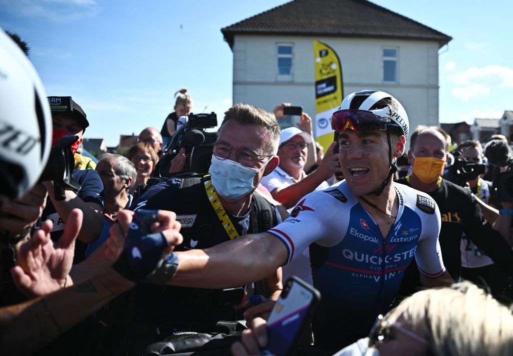 QuickStep Alpha Vinyl Teams Dutch rider Fabio Jakobsen celebrates after winning in the 2nd stage of the 109th edition of the Tour de France cycling race 2022 km between Roskilde and Nyborg in Denmark on July 2 2022 Photo by AnneChristine POUJOULAT POOL AFP Photo by ANNECHRISTINE POUJOULATPOOLAFP via Getty Images