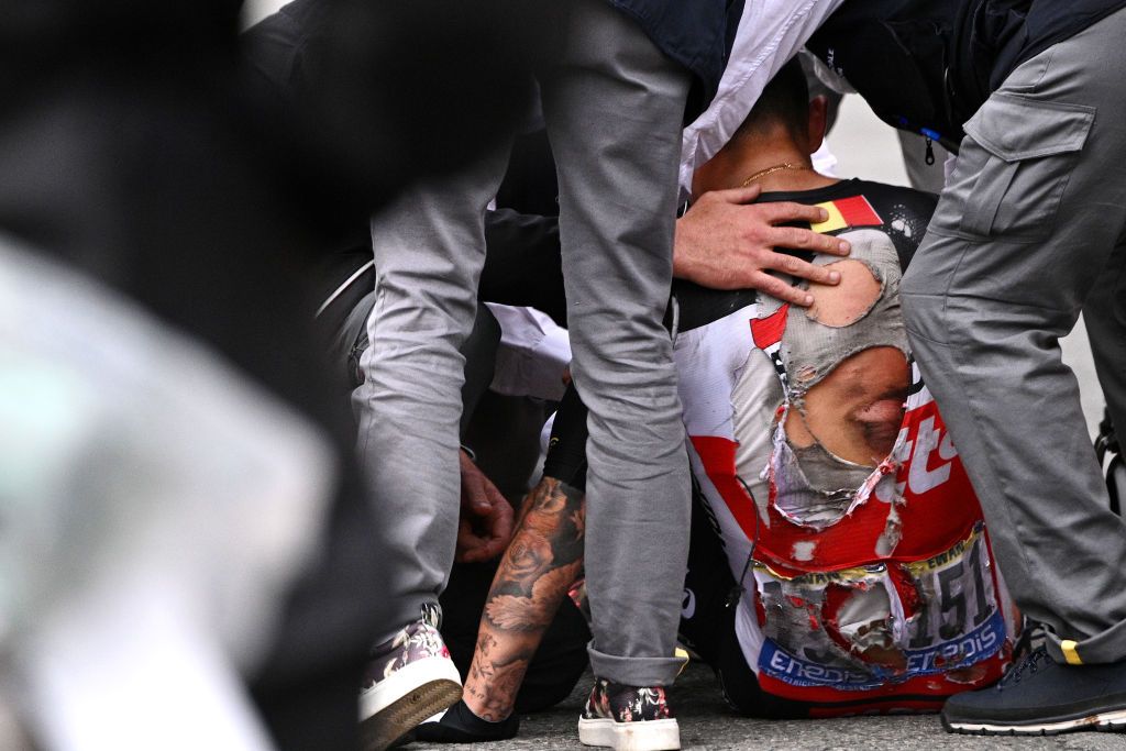 PONTIVY FRANCE JUNE 28 Caleb Ewan of Australia and Team Lotto Soudal involved in a crash at arrival during the 108th Tour de France 2021 Stage 3 a 1829km stage from Lorient to Pontivy LeTour TDF2021 on June 28 2021 in Pontivy France Photo by Stephane Mahe PoolGetty Images