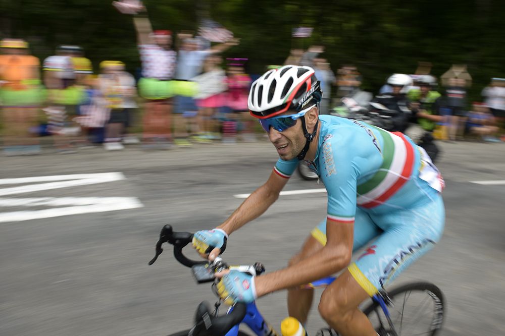 Vincenzo Nibali on the attack during stage 19 of the 2015 Tour de France.
