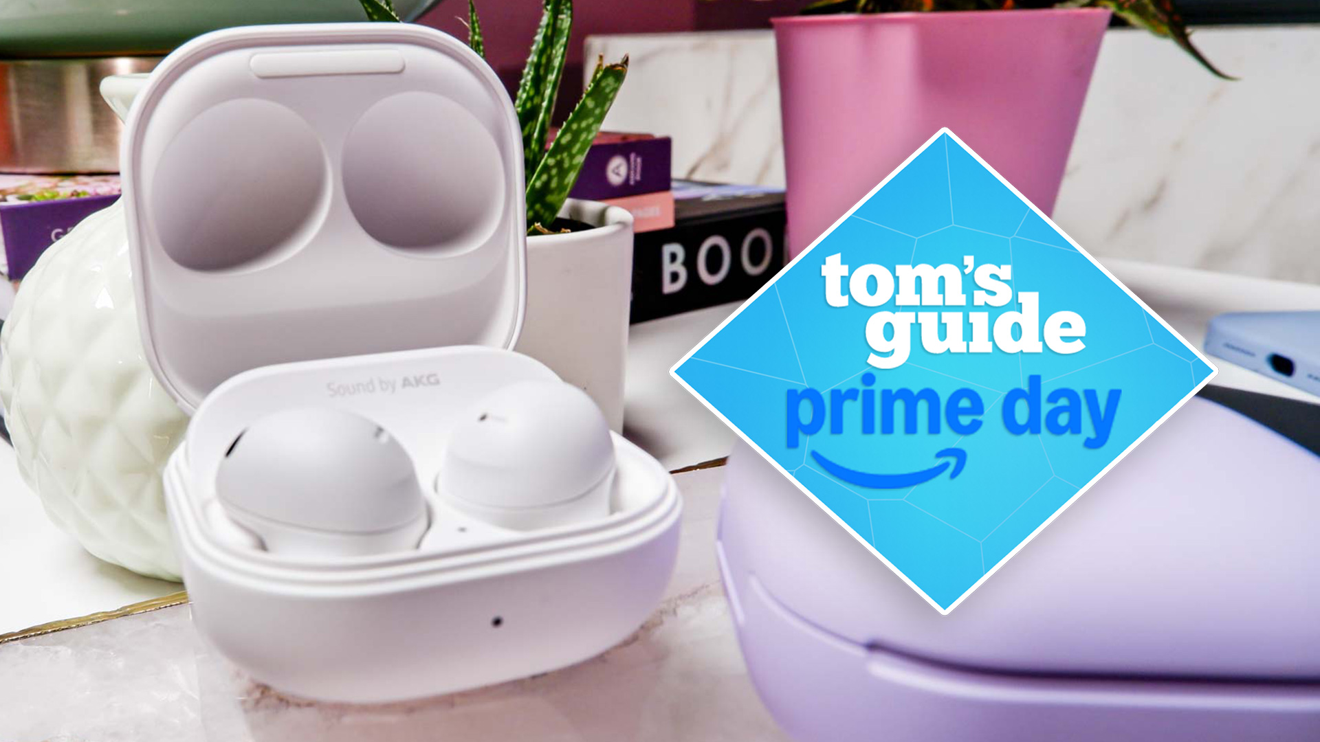 Samsung Galaxy Buds 2 Pro in White on desk with Prime Day badge overlaid