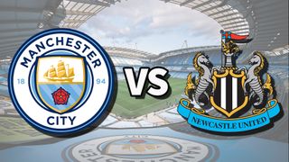 The Manchester City and Newcastle United club badges on top of a photo of the Etihad Stadium in Manchester, England