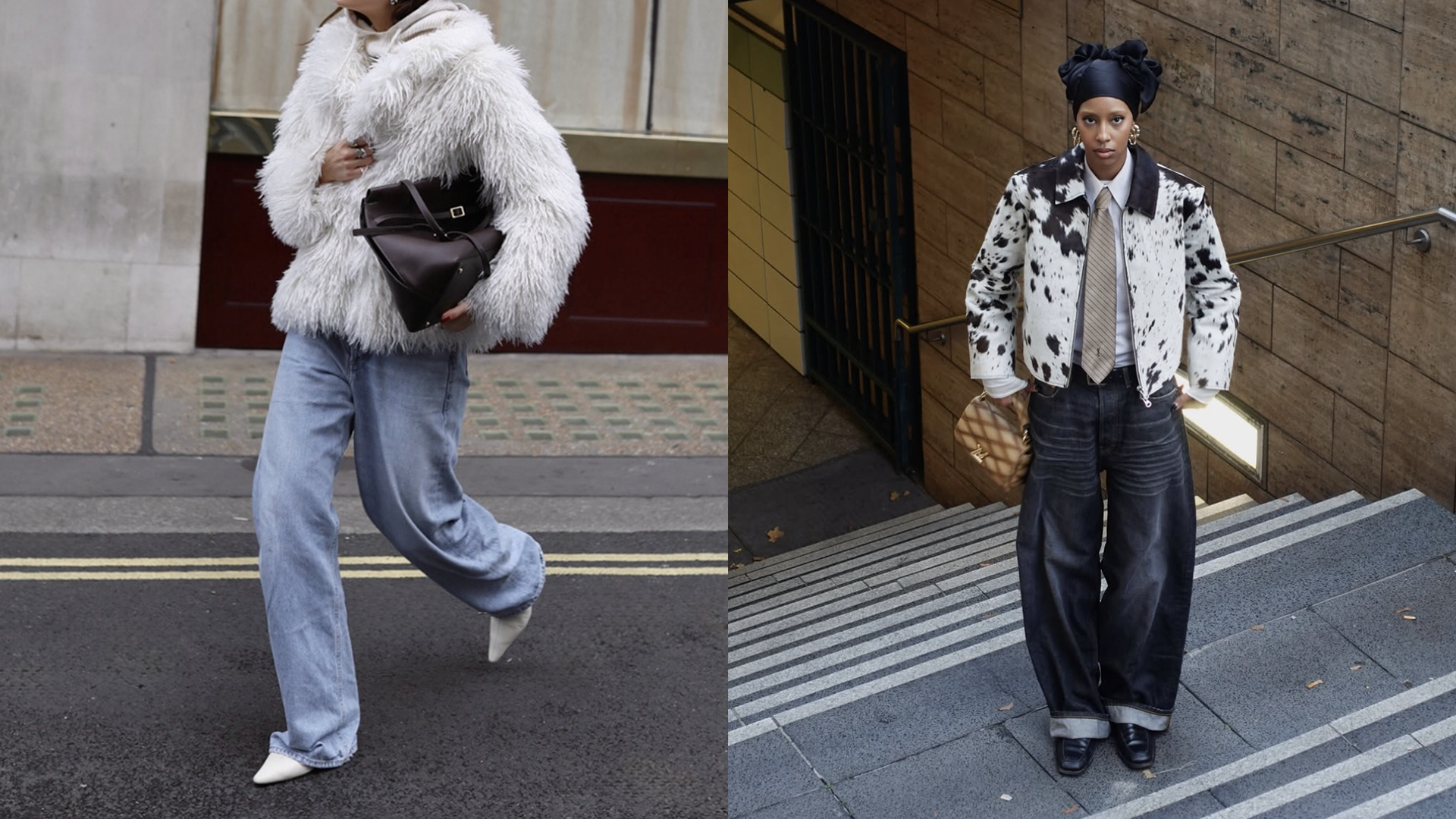woman in blue jeans and a white shag fur coat; woman in a ponyhair jacket with a tie and barrel leg jeans