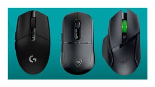 The Logitech G305, Turtle Beach Burst II Air and Razer Basilisk V3 X HyperSpeed gaming mice on a teal deals background