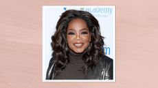 Image of Oprah Winfrey smiling with curly brunette hair, wearing a black turtleneck jumper and a metallic black blazer, on a pink background