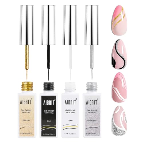 Gel Liner Art Polish Set 10ml, 4 Colors Black White Gold Silver Design Paint With Thin Brush in Bottle for Swirl/euphoria French Tips Manicure Painting Diy at Home