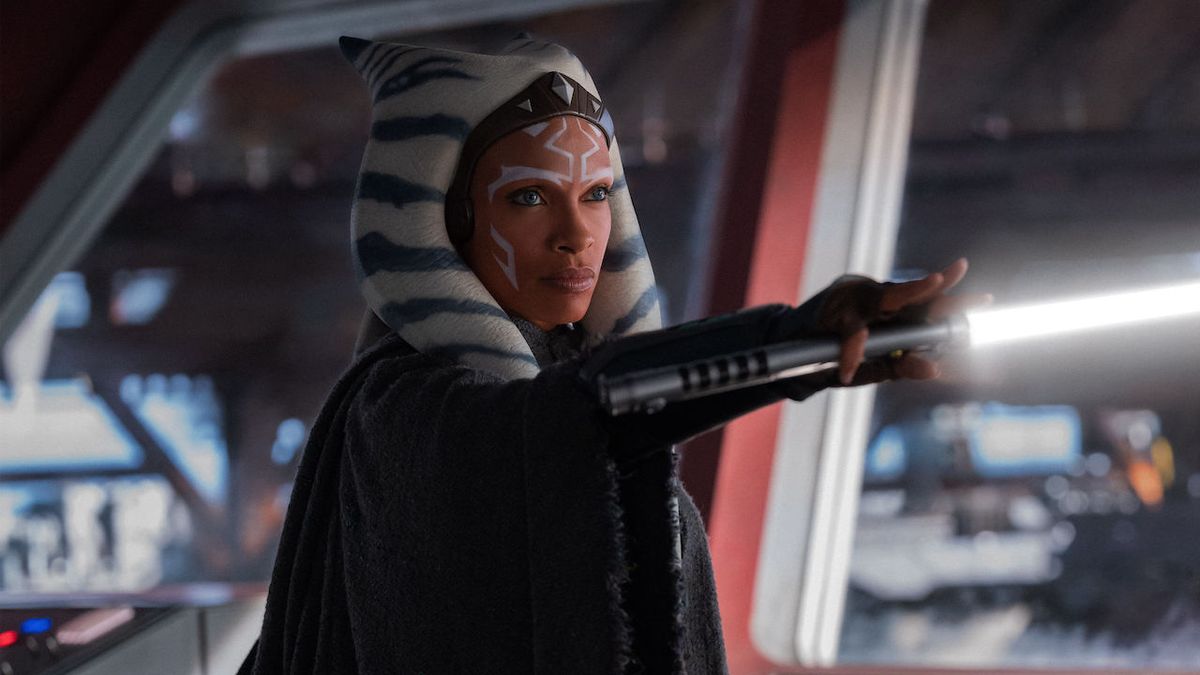 Rosario Dawson as Ahsoka Tano wielding white lightsaber