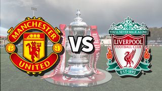 Man Utd vs Liverpool football club logos over an image of the FA Cup Trophy