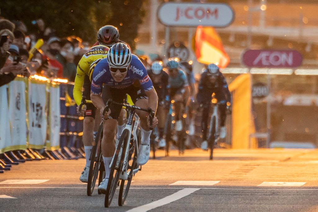Belgiums Jasper Philipsen of TDF Criterium Legends Team races to the finish line to win the Tour de France Saitama Criterium cycling race in Saitama on November 6 2022 Photo by Yuichi YAMAZAKI AFP Photo by YUICHI YAMAZAKIAFP via Getty Images
