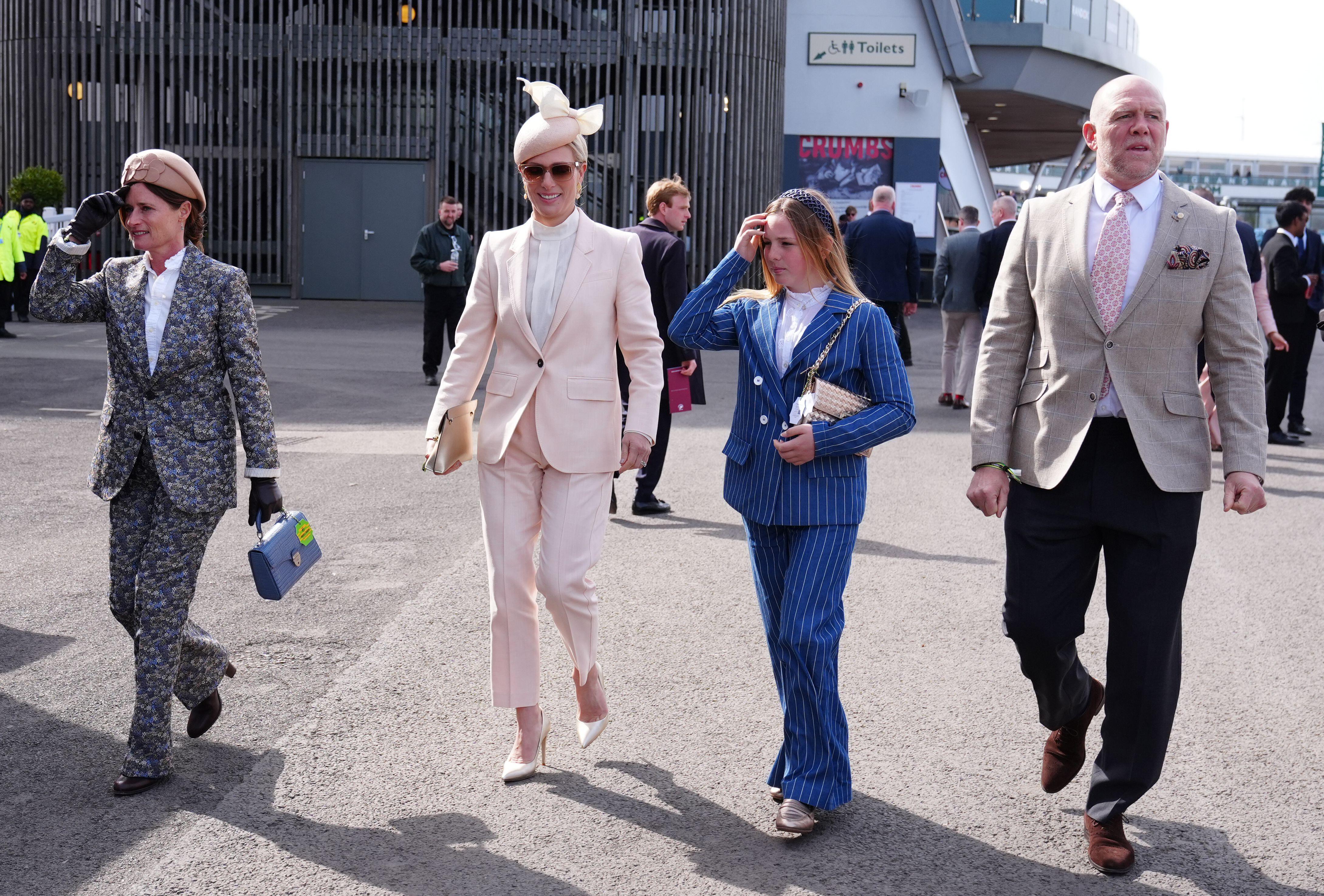 Dolly Maude, Zara Tindall, Mia Tindall and Mia Tindall wearing suits at the Aintree races