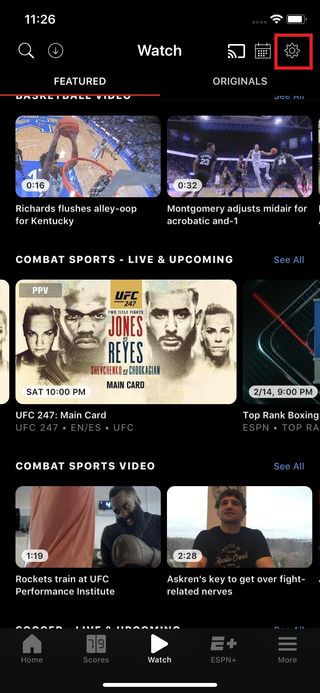 ESPN app for iPhone Settings Gear Highlighted