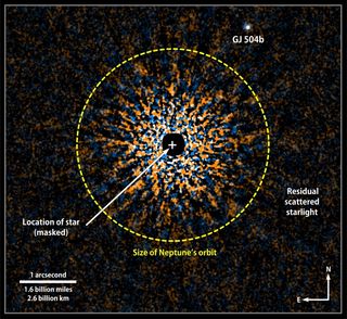 This composite combines Subaru images of GJ 504 using two near-infrared wavelengths (shown in orange and blue). Once processed to remove scattered starlight, the images reveal the orbiting planet, GJ 504 b.