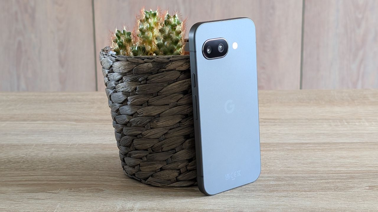 Den bl&aring; Google Pixel 9a vises p&aring; et bord foran en lille potteplante.