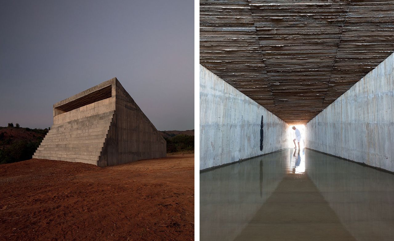 A horizontal aperture runs the entire length of the chapel’s facade (left), allowing light to stream in and casting shadows on the walls and the water, which starts at the entrance before tapering off as one walks up the slope towards the last supper. Inside, a wooden statue of the rice goddess Bulol hangs on one of the walls