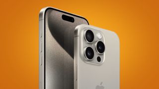 iPhone 15 Pro Max on an orange background
