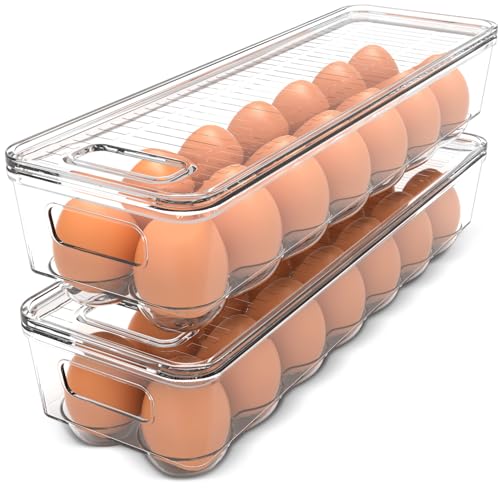 Utopia Home Egg Container With Lid and Handle for Refrigerator Organization- Pack of 2 - Clear Stackable Egg Holder for Kitchen or Pantry Organizers and Storage