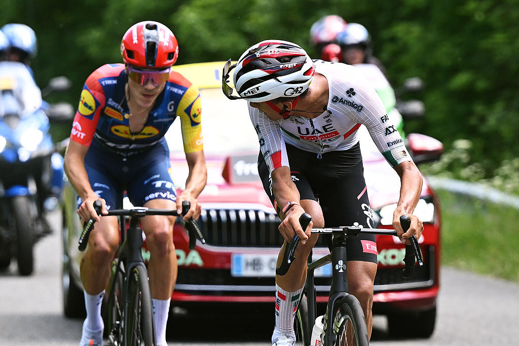 GRAND COLOMBIER, FRANCE - JUNE 13: (L-R) Juan Ayuso of Spain and Team Lidl - Trek and stage winner Isaac Del Toro of Mexico and UAE Team Emirates - XRG compete in the breakaway during the 78th Tour Auvergne-Rhone-Alpes 2026, Stage 7 a 133.6km stage from La Bridoire to Grand Colombier 1496m / #UCIWT / on June 13, 2026 in Grand Colombier, France. (Photo by Dario Belingheri/Getty Images)