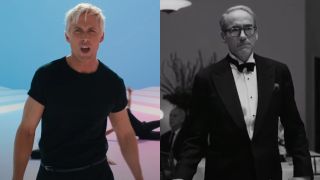 From left to right: Ryan Gosling singing I'm Just Ken in the Barbie trailer and Robert Downey Jr. standing in a tux in Oppenheimer.