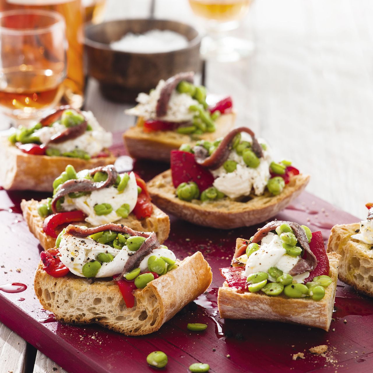 Broad bean roasted pepper mozzarella and anchovy bruschetta - summer recipes - woman&amp;home July 2013