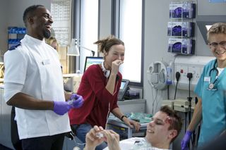 Amanda directing on the set of Casualty with Charles Venn and George Rainsford.