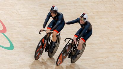 Great Britain&#039;s Katy Marchant and Emma Finucane celebrate victory in the women&#039;s team sprint at Paris 2024