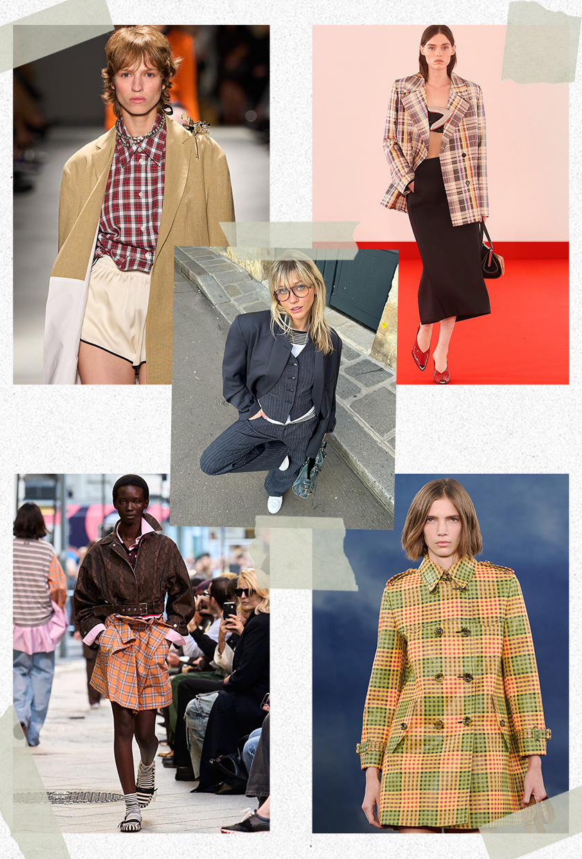 The best 2026 trends and outdated fashion trends, according to the French are shown in a collage of runway images. In the middle, there's a photo of Rose Doll wearing a gray pinstripe three-piece suit with white sneakers. It's surrounded by close-up photos from the runway showing the plaid print trend worn by models in the spring 2026 collections of Brandon Maxwell, N&amp;ordm;21, Burberry, and MSGM