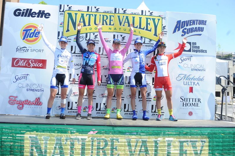 The final podium of overall winner Lauren Stephens (Team Tibco-SVB), runner up Scotti Wilborne (Unitedhealthcare) and Amber Neben (Visit Dallas Cycling p/b Noise4Good) in third , in fourth Leah Kirchmann (Optum p/b Kelly Benefit Strategies) and in fifth, Ruth Winder (UnitedHealthcare)