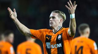 Arsenal-linked Mykhaylo Mudryk of Shakhtar Donetsk celebrates after scoring during the UEFA Champions League match between Celtic and Shakhtar Donetsk on 25 October, 2022 at Celtic Park in Glasgow, United Kingdom.