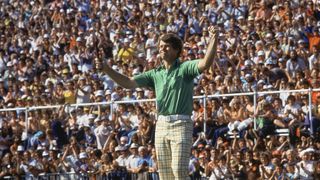 Tom Watson celebrates after holing the winning putt at the 1977 Open Championship