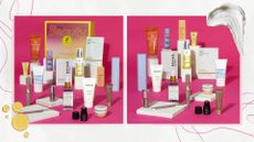 Two images of the Boots New & Trending Beauty Box and its contents, on a white background with pink swirls, oil drops and a cream swatch