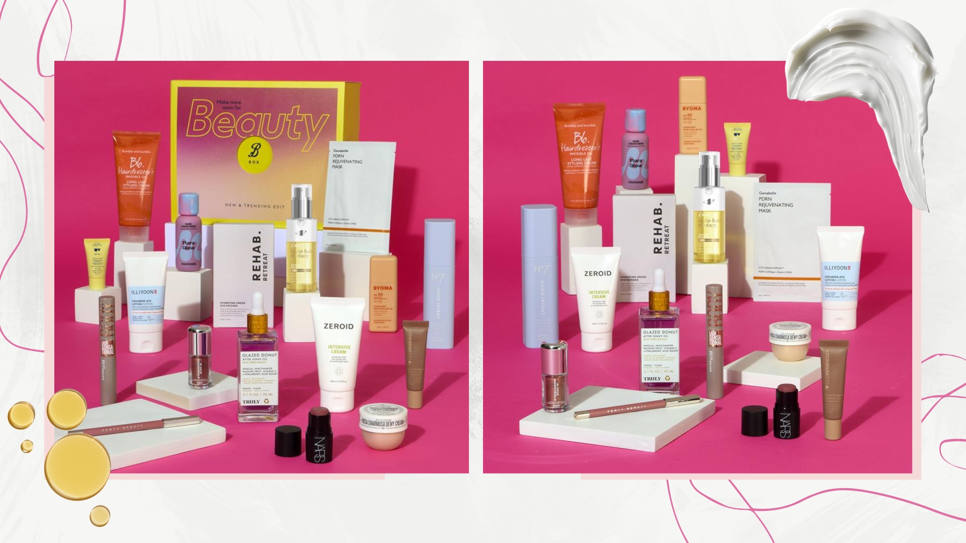 Two images of the Boots New &amp; Trending Beauty Box and its contents, on a white background with pink swirls, oil drops and a cream swatch