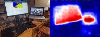 Two photos side by side, one showing a view of a person's computer setup and monitors, the other an infrared view of the same picture showing temperature readings