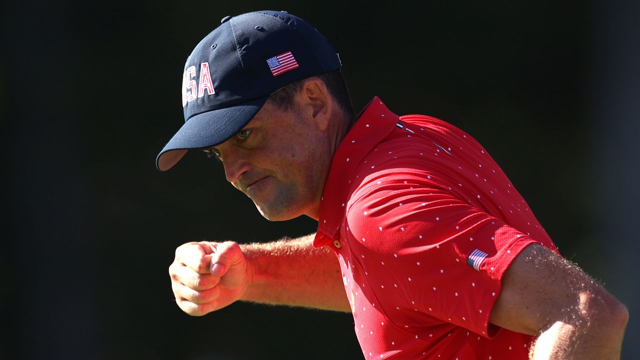 Keegan Bradley celebrates a putt during the Presidents Cup