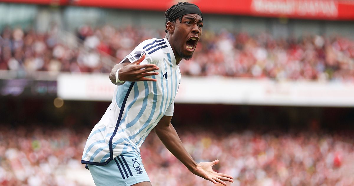 Anthony Elanga of Nottingham Forest celebrates after teammate Taiwo Awoniyi (not pictured) scores the team&#039;s first goal during the Premier League match between Arsenal FC and Nottingham Forest at Emirates Stadium on August 12, 2023 in London, England.