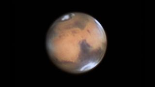 Peter Richardson's incredible photo of Mars showing the polar ice caps and the presence of cloud patterns.