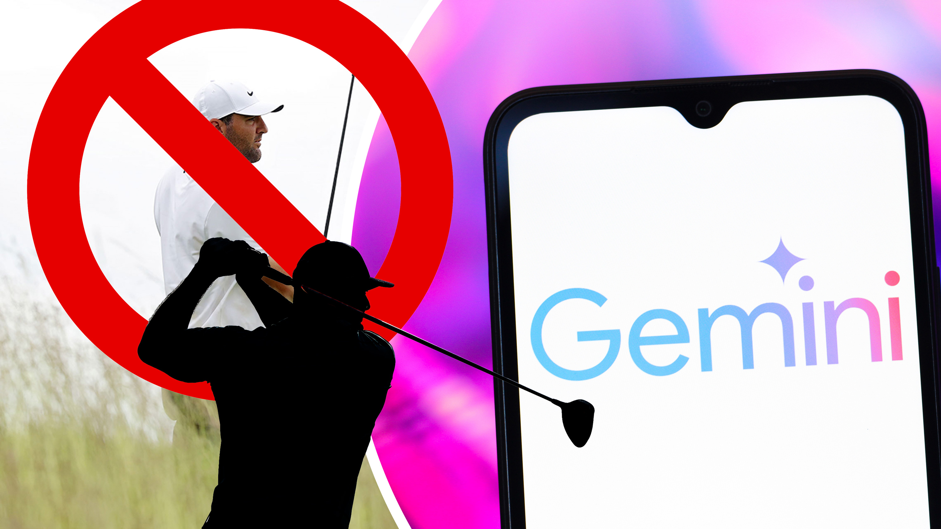 A silhouette of Bryson DeChambeau in the finish position with a golf club, hiding his image for suspense, with an inset image of Google Gemini on a mobile phone to signify using AI to predict the winner of the 2025 US Open and another inset image of Scottie Scheffler in the finish position with driver at Oakmont Country Club, surrounded by a red &#039;banned&#039; symbol to signify the decision not to allow AI to pick Scheffler to win the US Open
