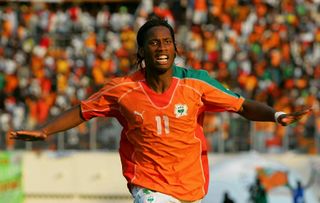 Didier Drogba celebrates a goal for Ivory Coast against Cameroon in September 2005.