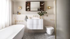 A bathroom that has been zoned up. You can see a view of the bathtub, the bathroom vanity and sink as well as the toilet and a split area for the shower. Above the bathroom sink is a large mirrored cabinet with open shelving on either side of it.