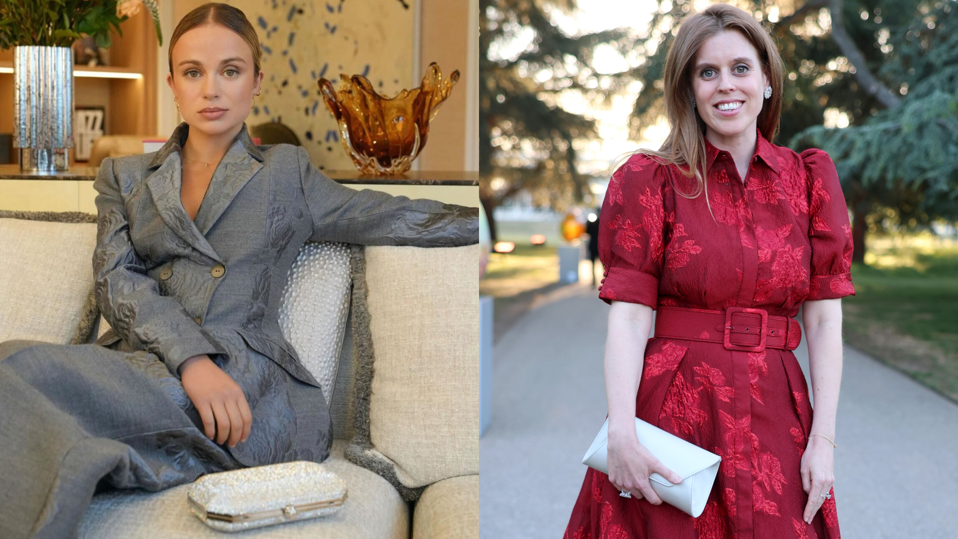 Lady Amelia Windsor sitting on a sofa in a gray suit; Princess Beatrice wearing a red dress holding a white clutch
