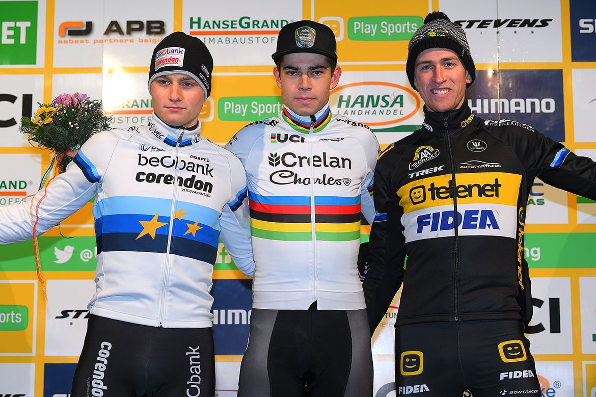Wout Van Aert with Mathieu van der Poel and Toon Aerts in Zeven.