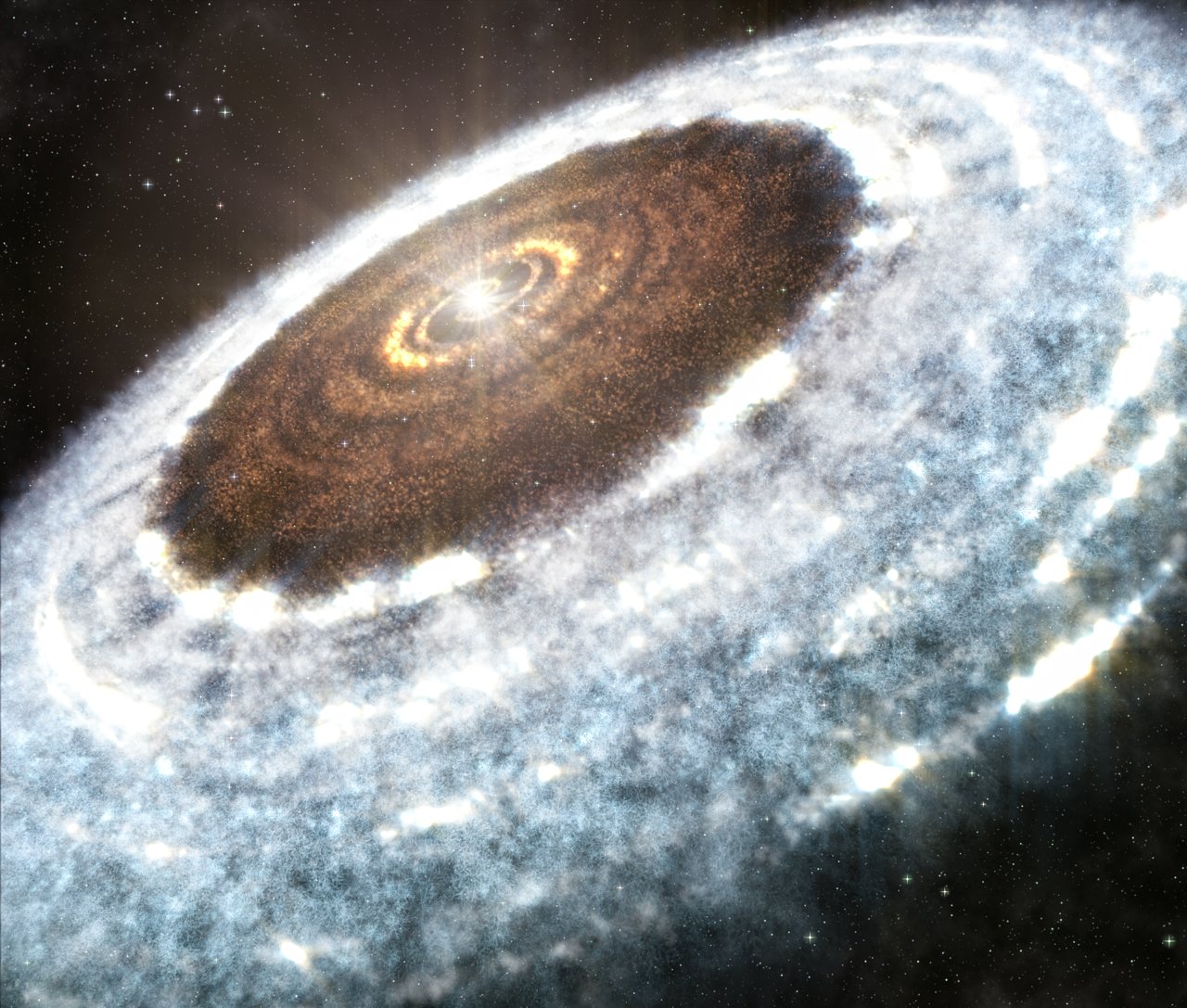 Ilustración artística que muestra la línea de agua y hielo observada alrededor de la joven estrella V883 Orionis.  En un nuevo estudio, los investigadores han descubierto fósiles de hielo en un meteorito antiguo que muestra cómo los objetos que se formaron con hielo más allá de la línea de nieve en el sistema solar primitivo se movieron hacia el sol (dejando atrás estos objetos porosos). "Excavaciones").