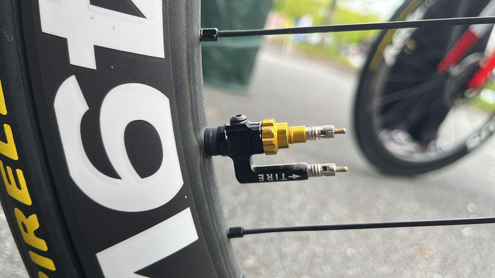 A Bontrager wheel fitted with an Odysey Optis inflation system