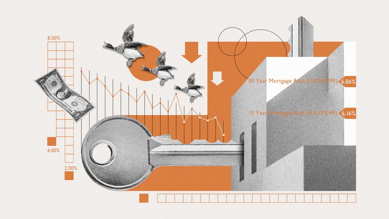 Illustration of a home, house key, housing market charts and money