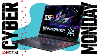 An Acer gaming laptop on a blue Cyber Monday background.