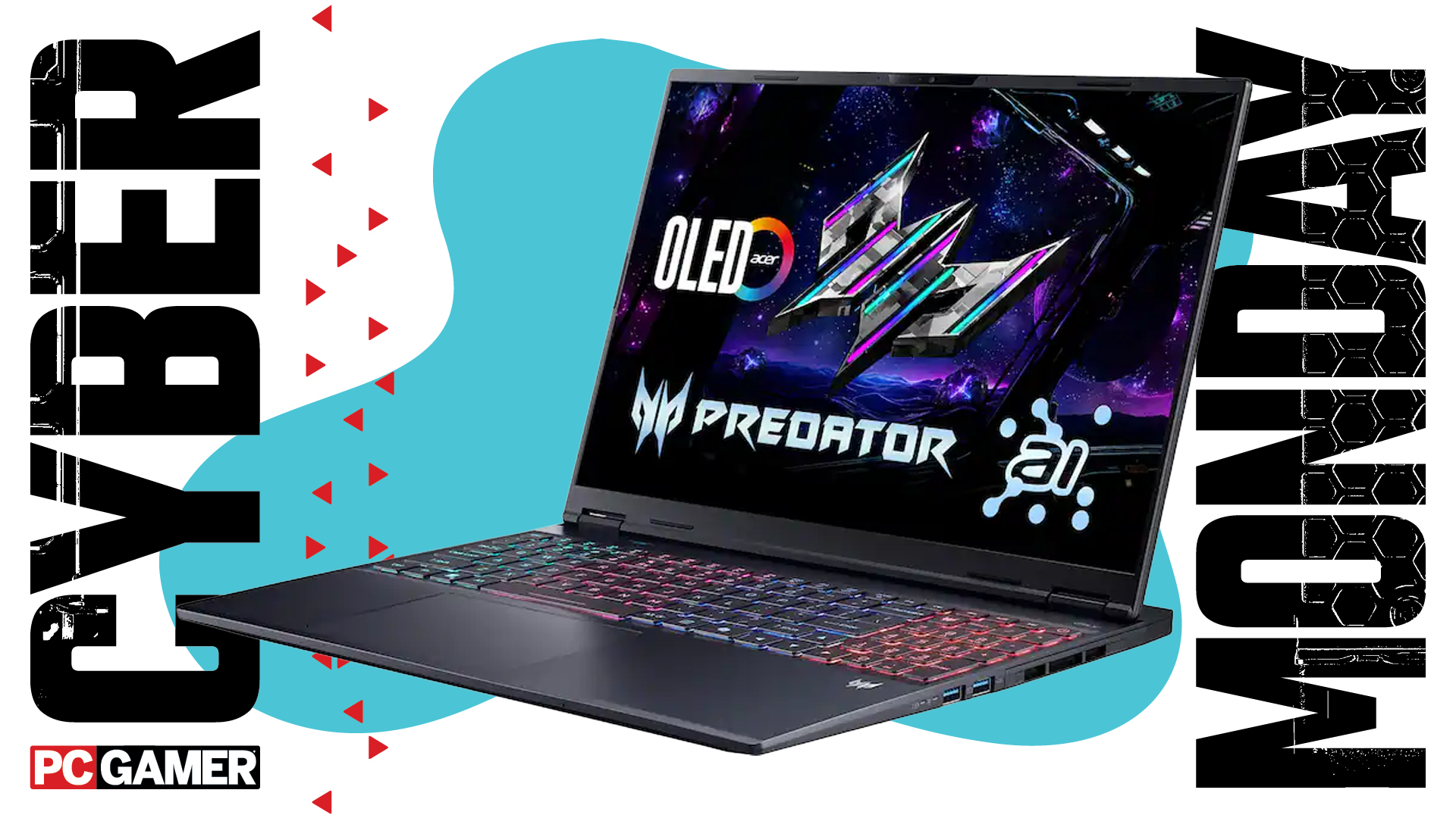 An Acer gaming laptop on a blue Cyber Monday background.