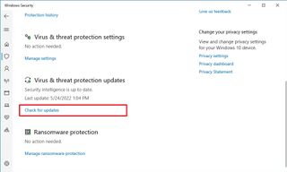 Microsoft Defender check for updates option