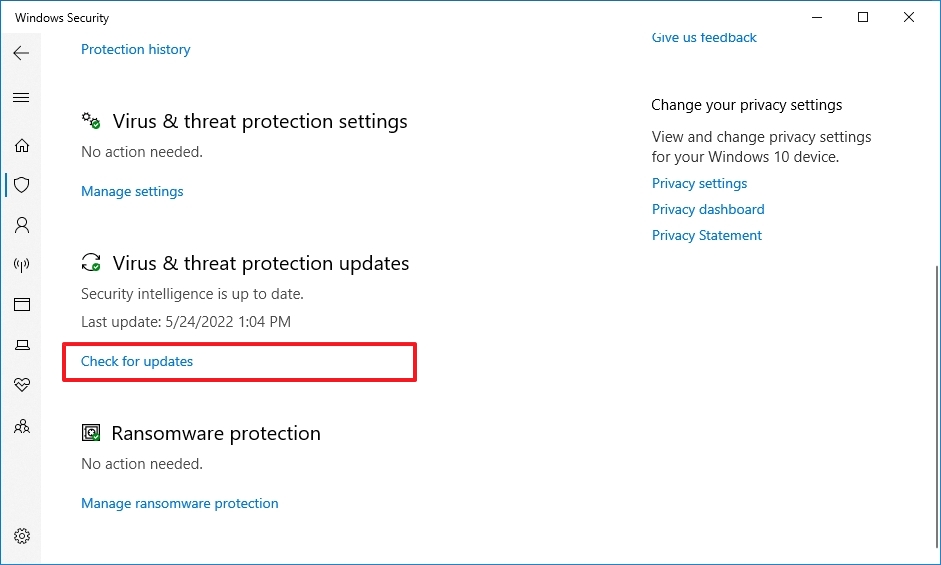 Microsoft Defender check for updates option